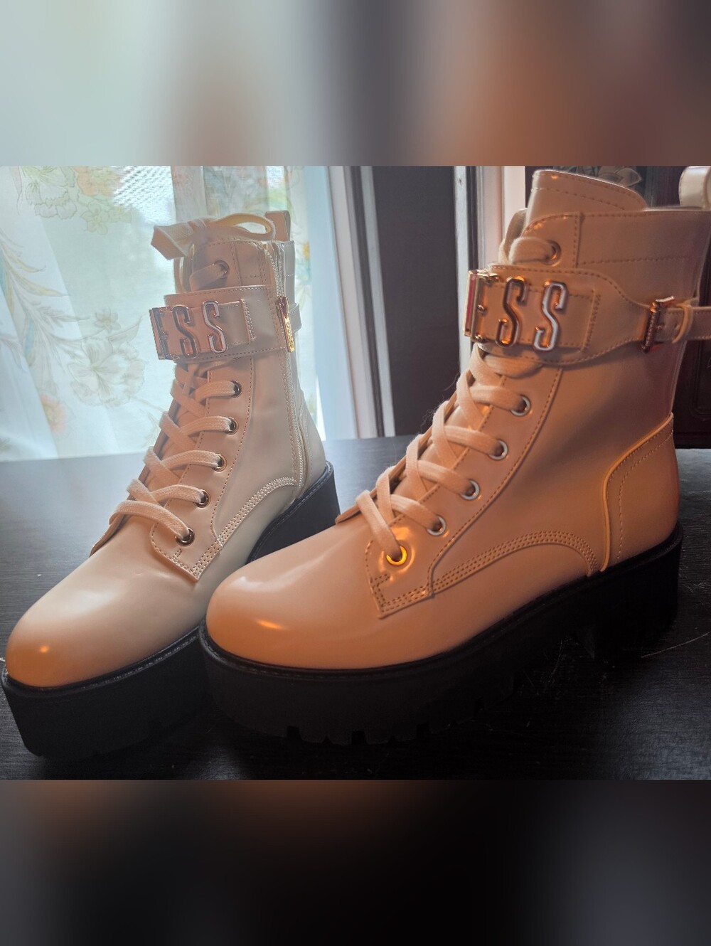 NWOT~ Guess Cream Patent Combat Boots with Black Lug Sole